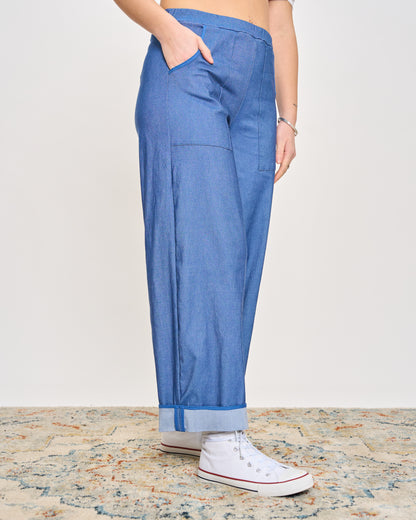 Pantalone in Denim Elasticizzato Bordato