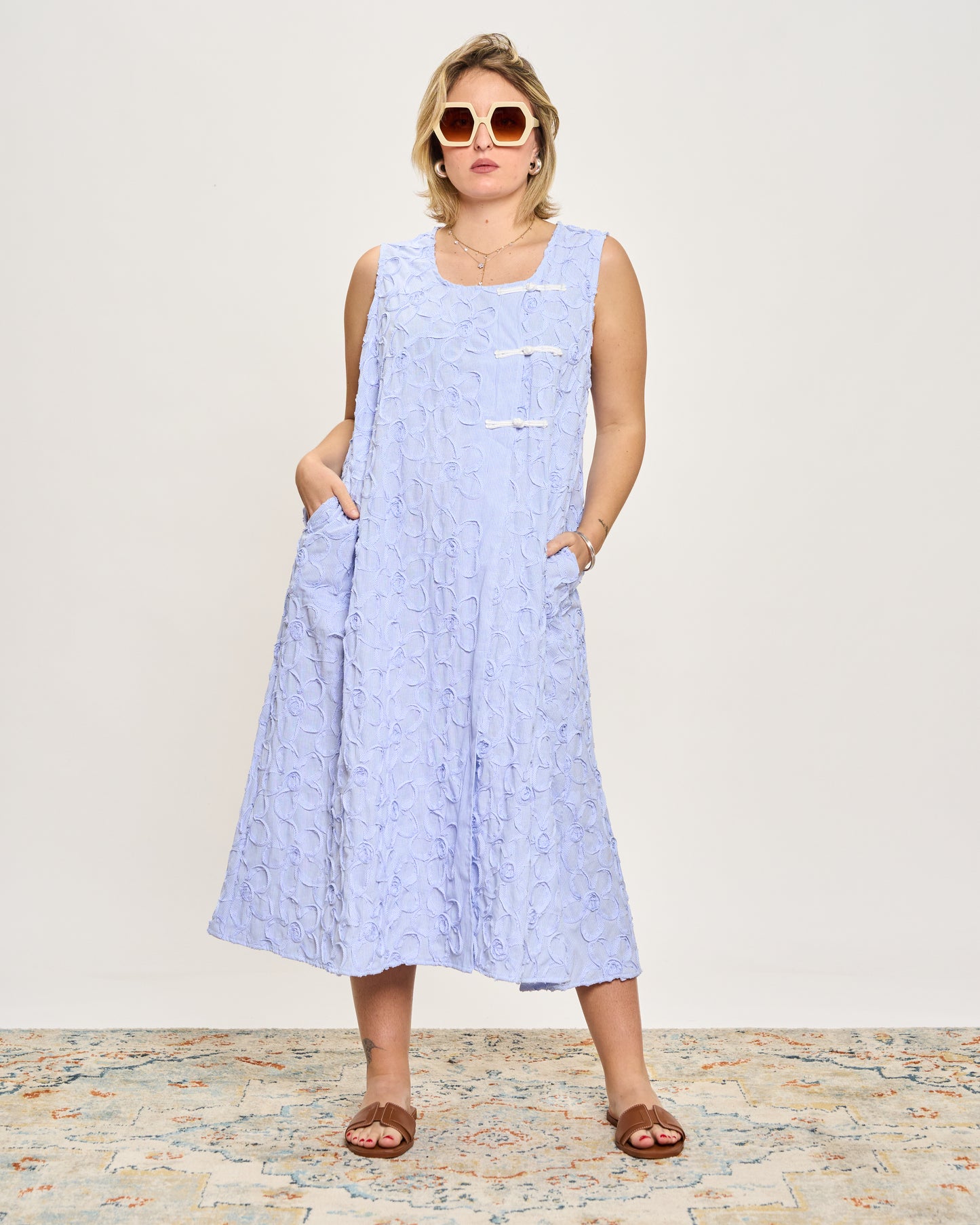 Striped Sleeveless Dress with Frog Fastening