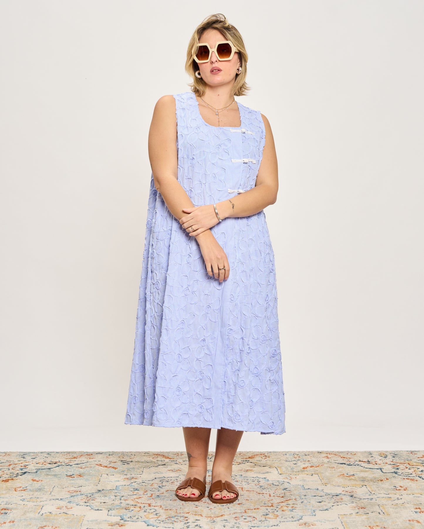 Striped Sleeveless Dress with Frog Fastening