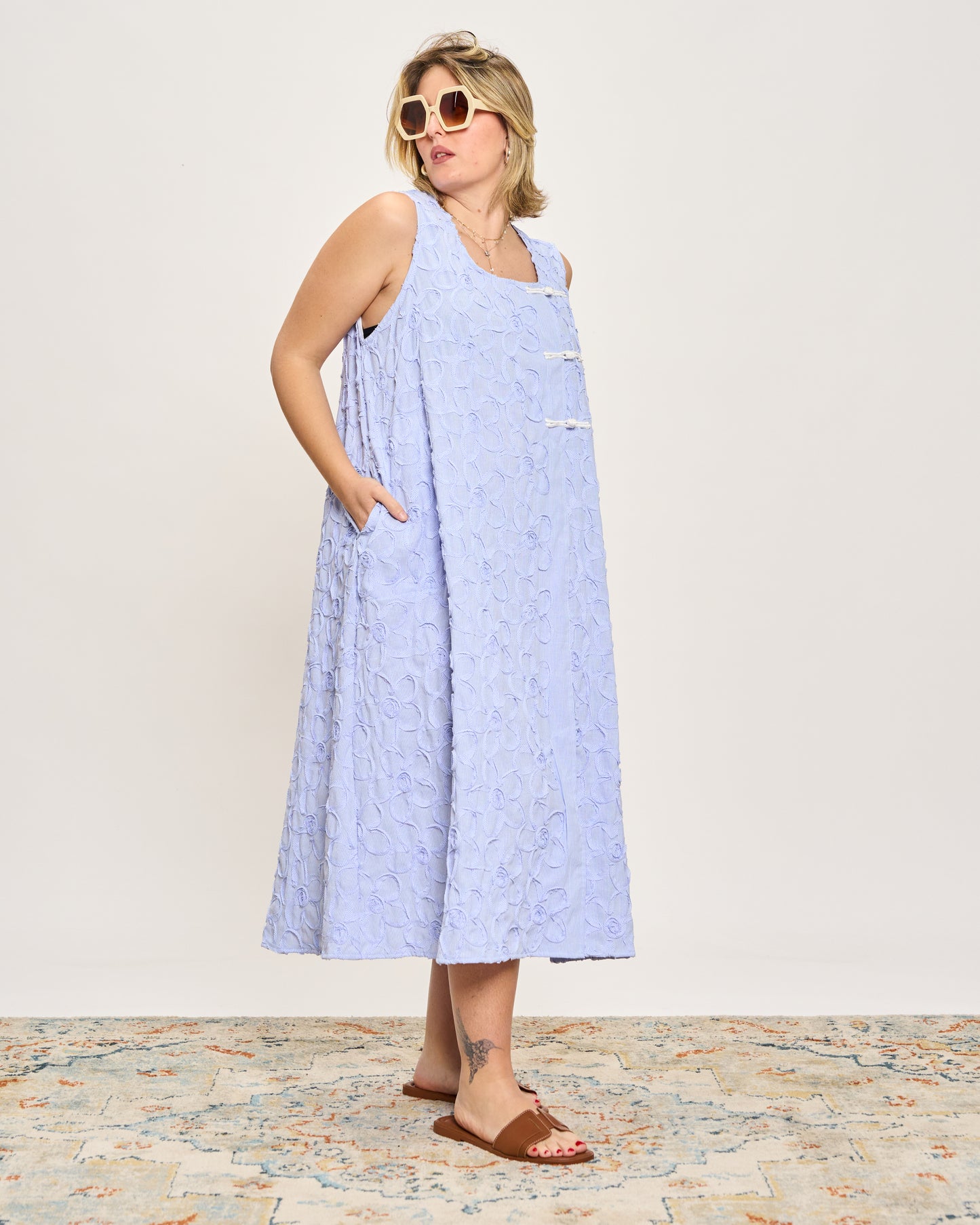 Striped Sleeveless Dress with Frog Fastening