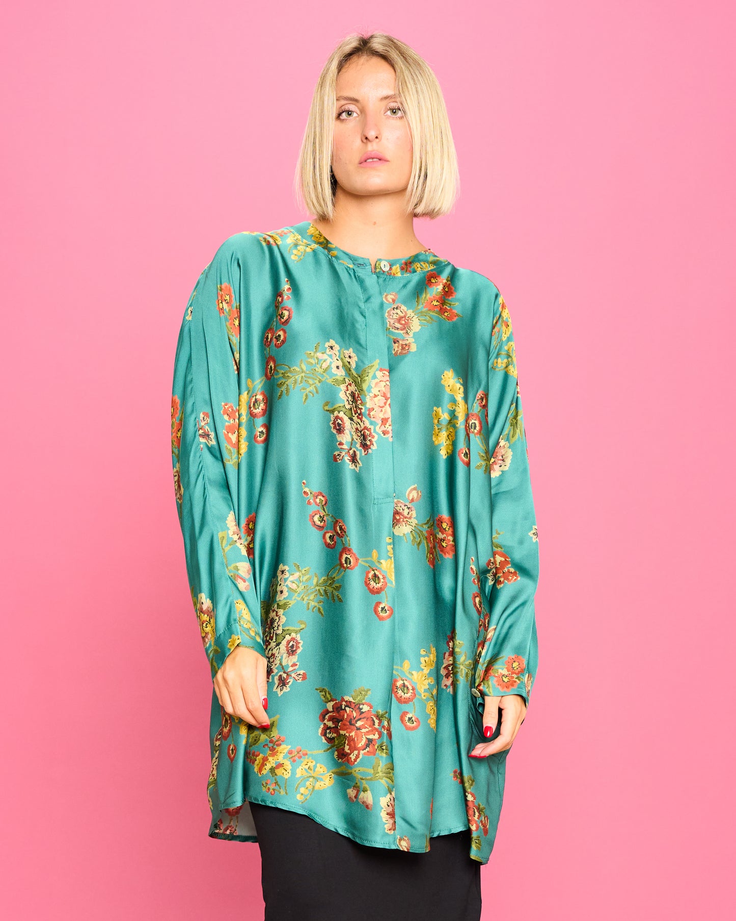 Patterned Satin Mandarin Blouse