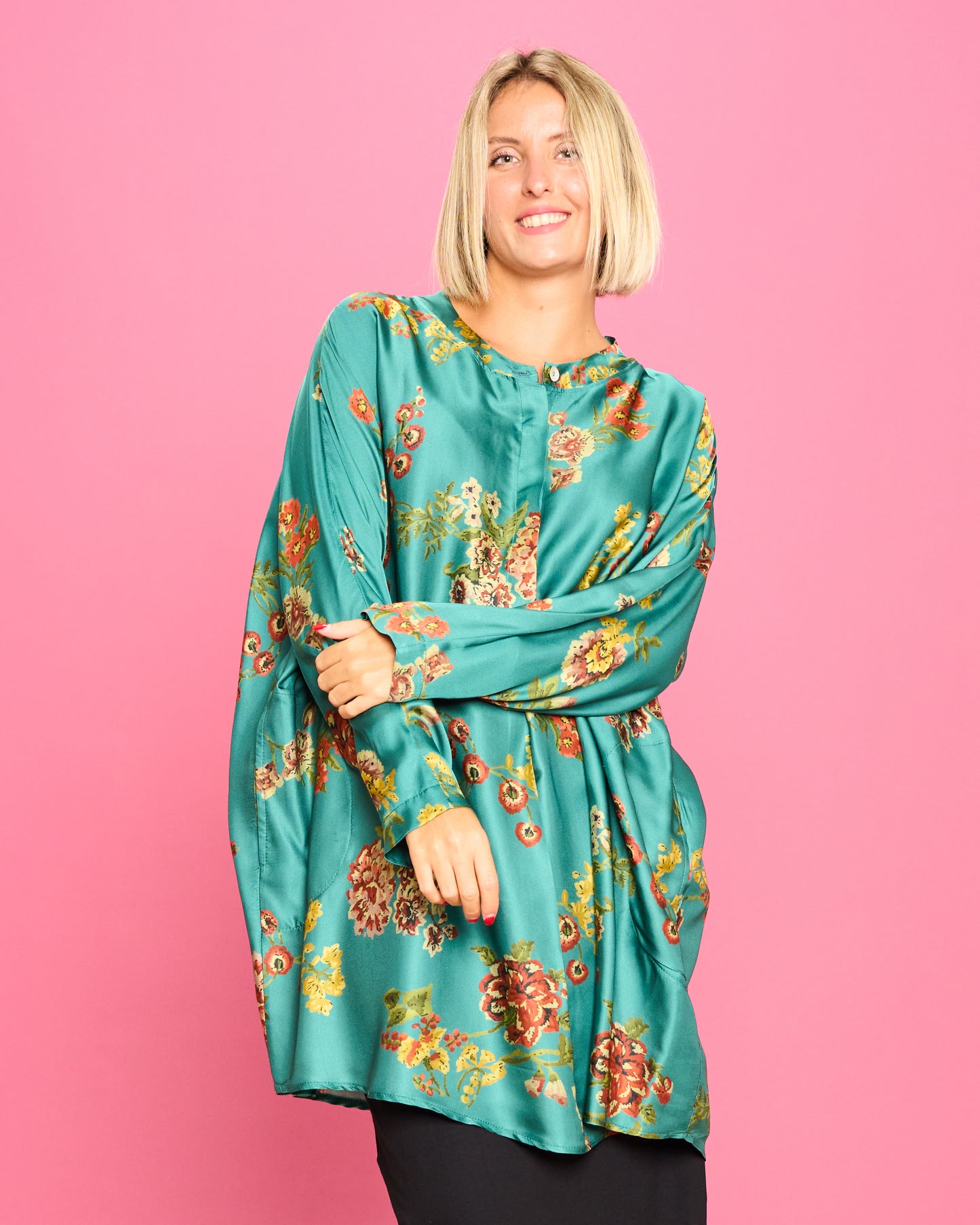 Patterned Satin Mandarin Blouse