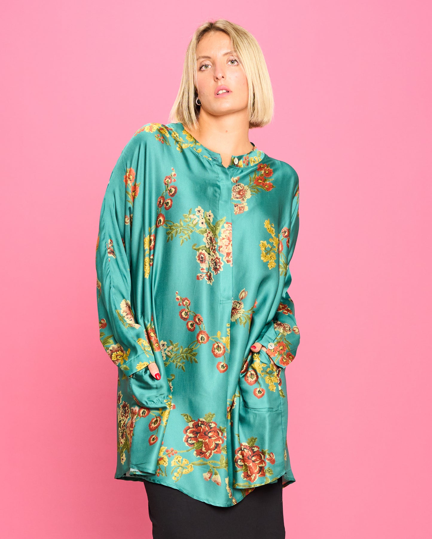 Patterned Satin Mandarin Blouse