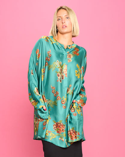 Patterned Satin Mandarin Blouse
