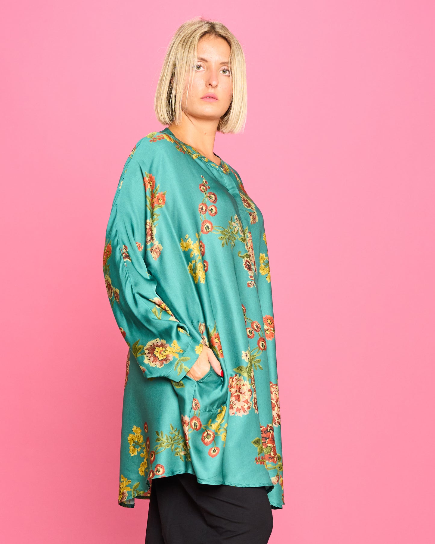 Patterned Satin Mandarin Blouse