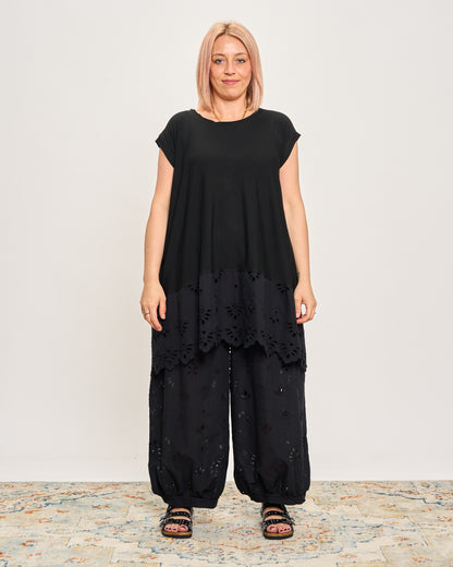 Oversized T-shirt with Dropped Sleeves and Broderie Anglaise Flounce