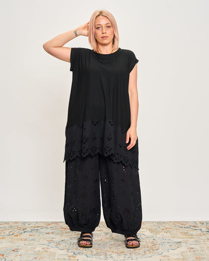 Oversized T-shirt with Dropped Sleeves and Broderie Anglaise Flounce