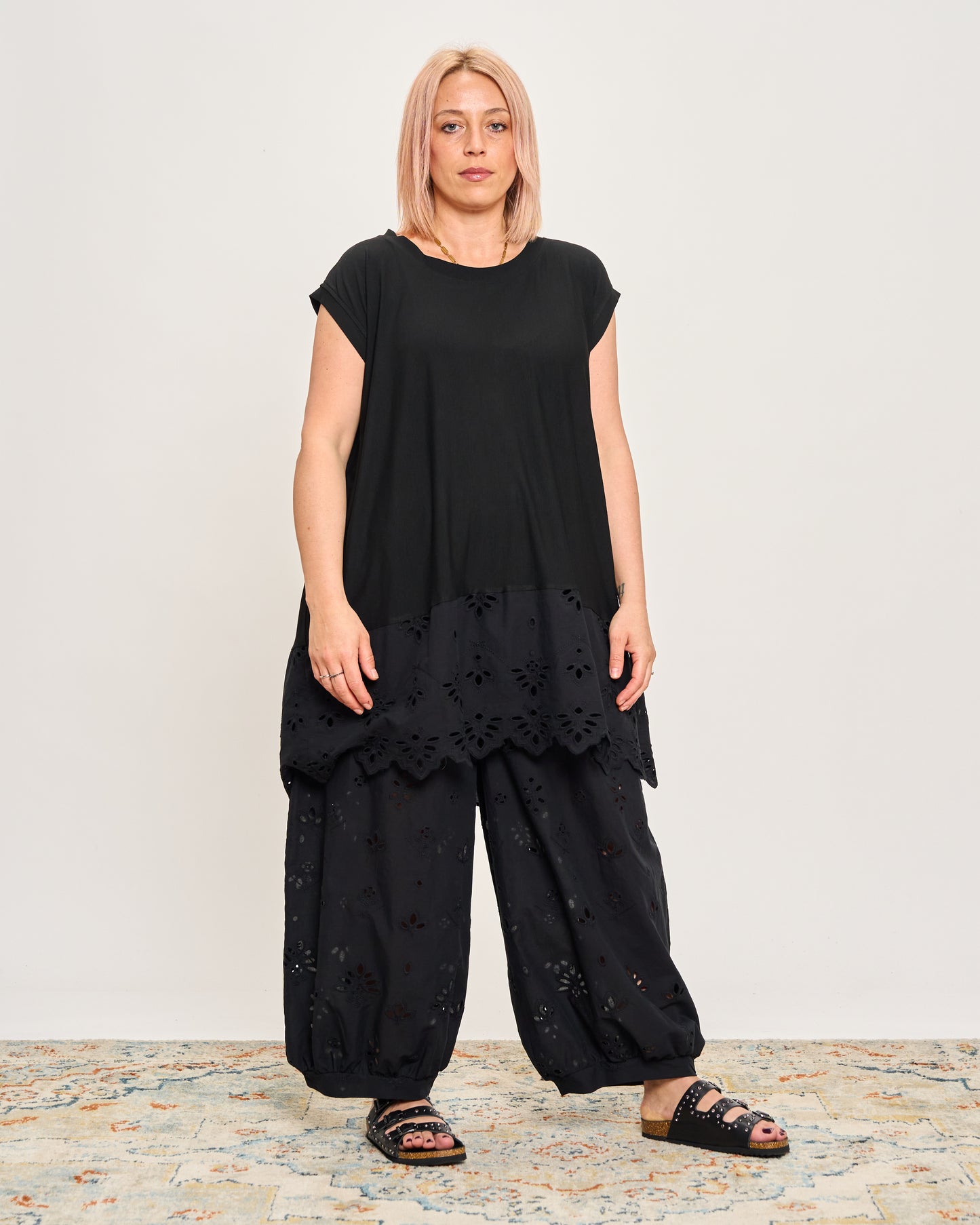 Oversized T-shirt with Dropped Sleeves and Broderie Anglaise Flounce