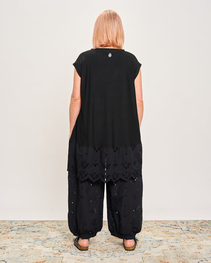 Oversized T-shirt with Dropped Sleeves and Broderie Anglaise Flounce