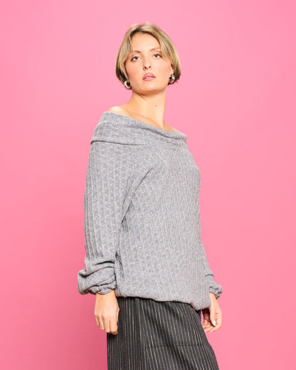 Cable Knit Sweater with Wide Donut Neck