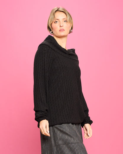 Cable Knit Sweater with Wide Donut Neck